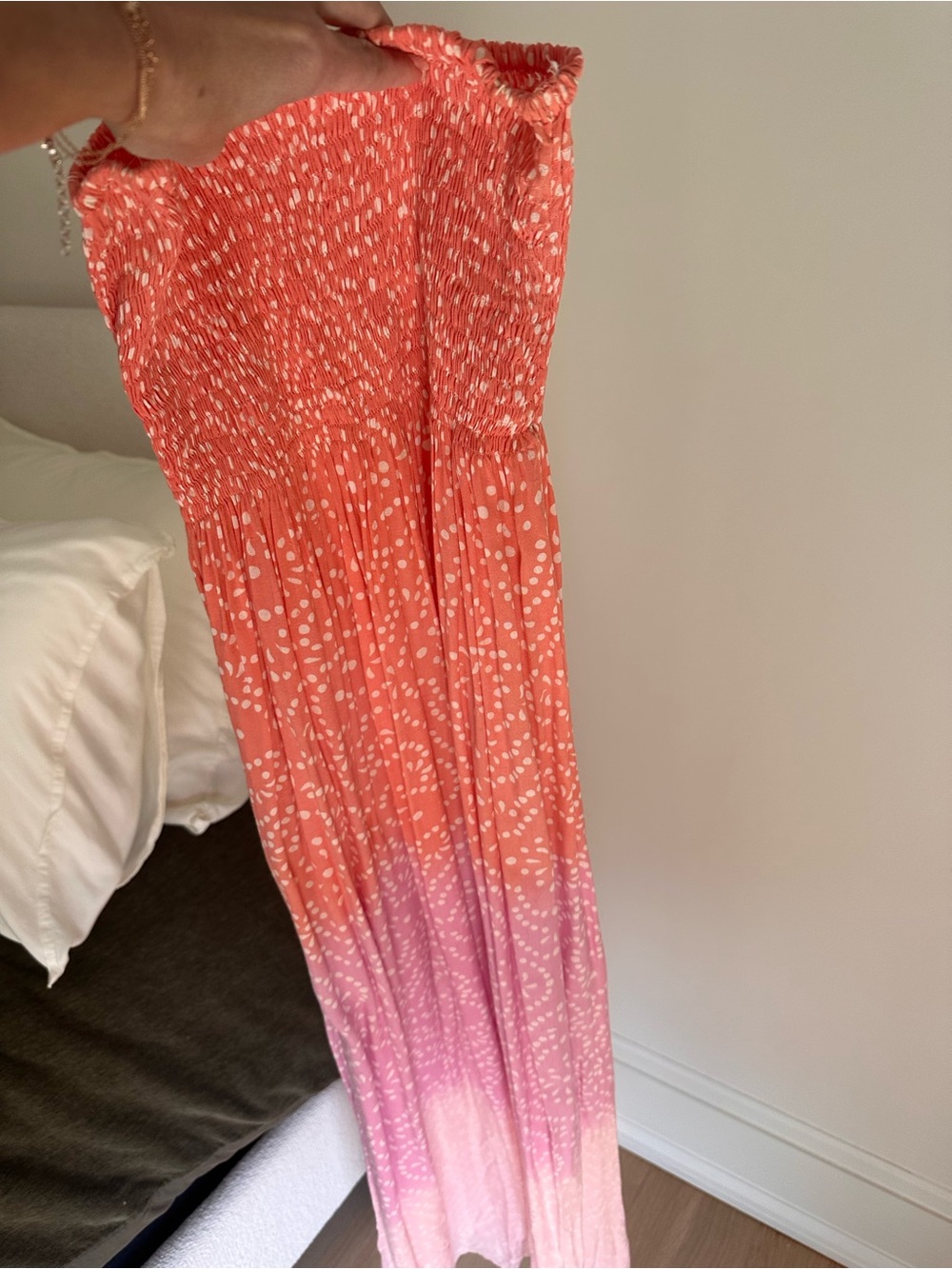 Calypso St. Barth Coral to Pink Ombre Smocked Maxi Skirt with White Dot Print